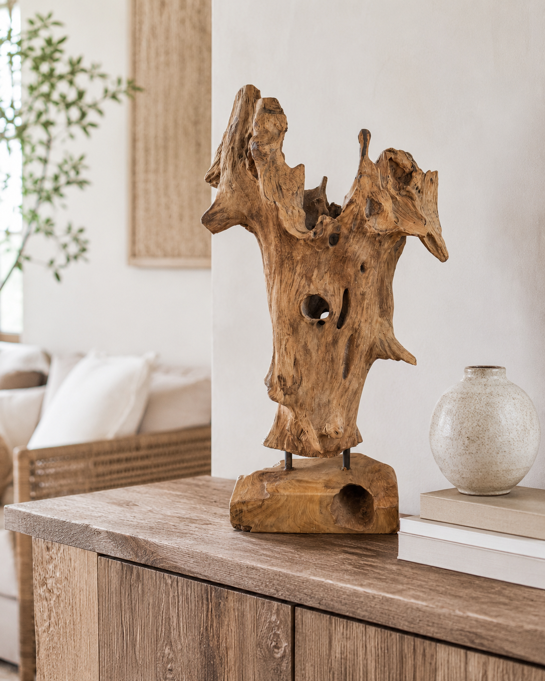 Unique piece: Teak wood decorative sculpture – Natural root wood, one-of-a-kind for living and garden areas