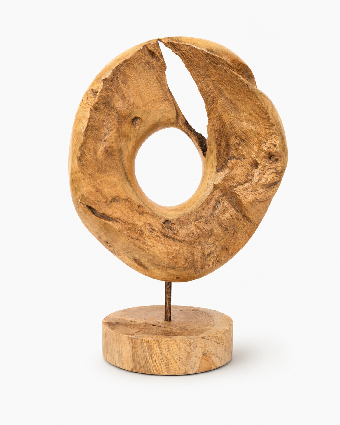 Unique piece: Teak wood decorative ring on a stand – Solid natural wood one-of-a-kind item for living room & office