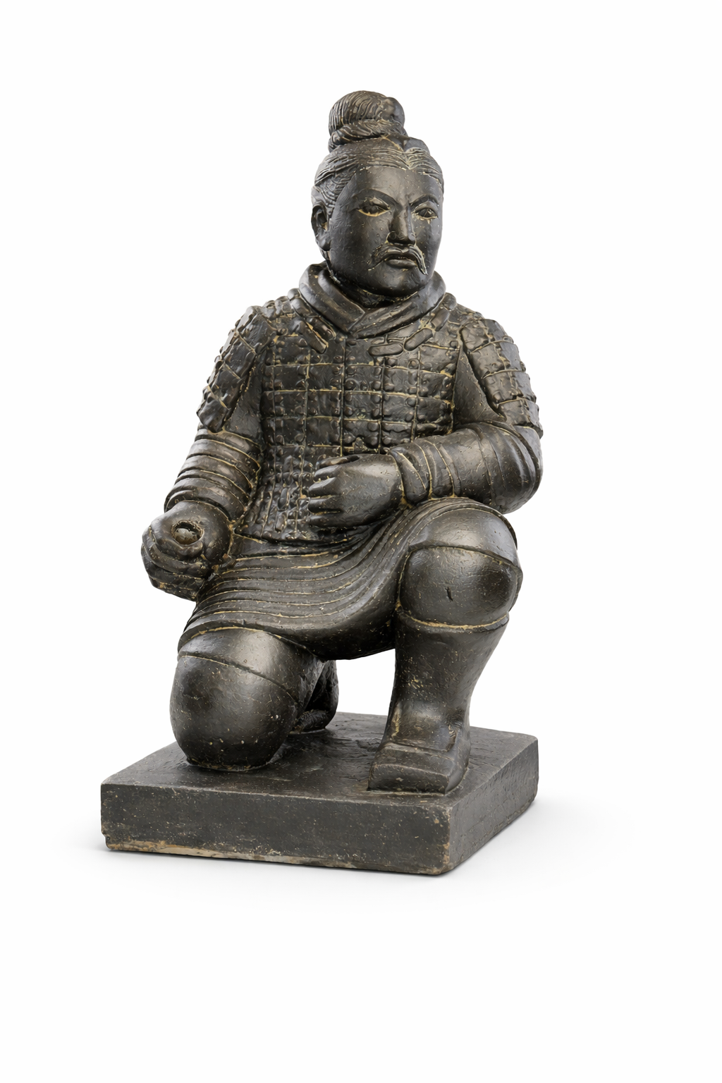 Krieger Statue kniend – Garten Wohnzimmer Deko Skulptur – Wetterfest – Steinoptik Terrakotta Krieger Figur schwarz gold – ca. 50 cm