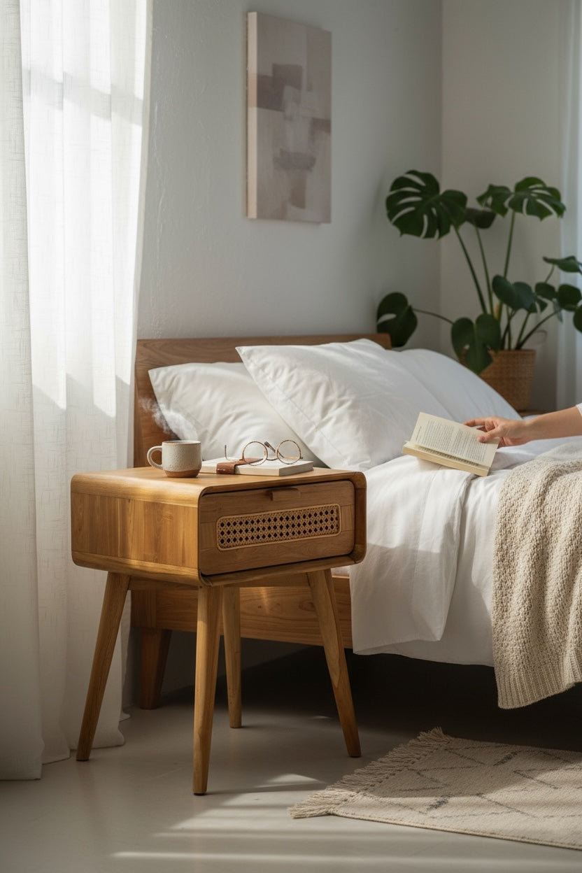 Table d'appoint en rotin – table de chevet – élégante avec tiroir – aspect vintage fait main en teck – 60x50x40 cm