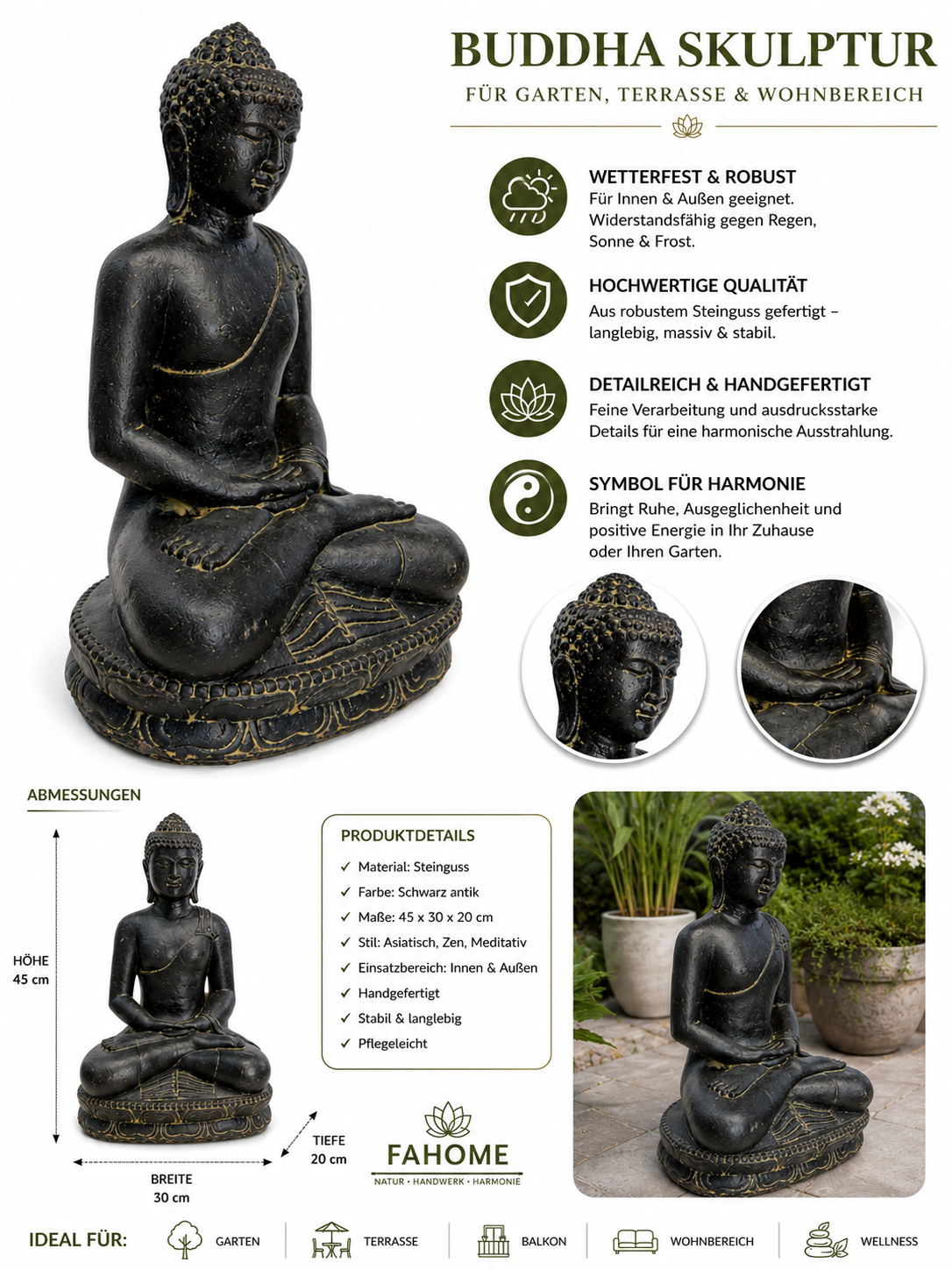 Stone Buddha Sculpture - Sitting Buddha Figurine - Black and Gold - Handmade, Decorative and Expressive - 45x30x20 cm