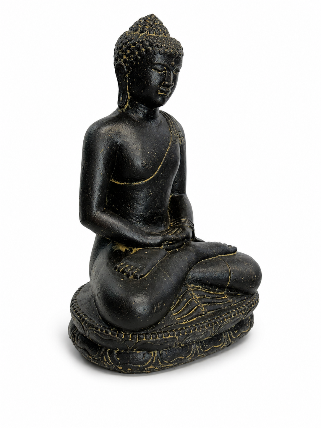 Stone Buddha Sculpture - Sitting Buddha Figurine - Black and Gold - Handmade, Decorative and Expressive - 45x30x20 cm