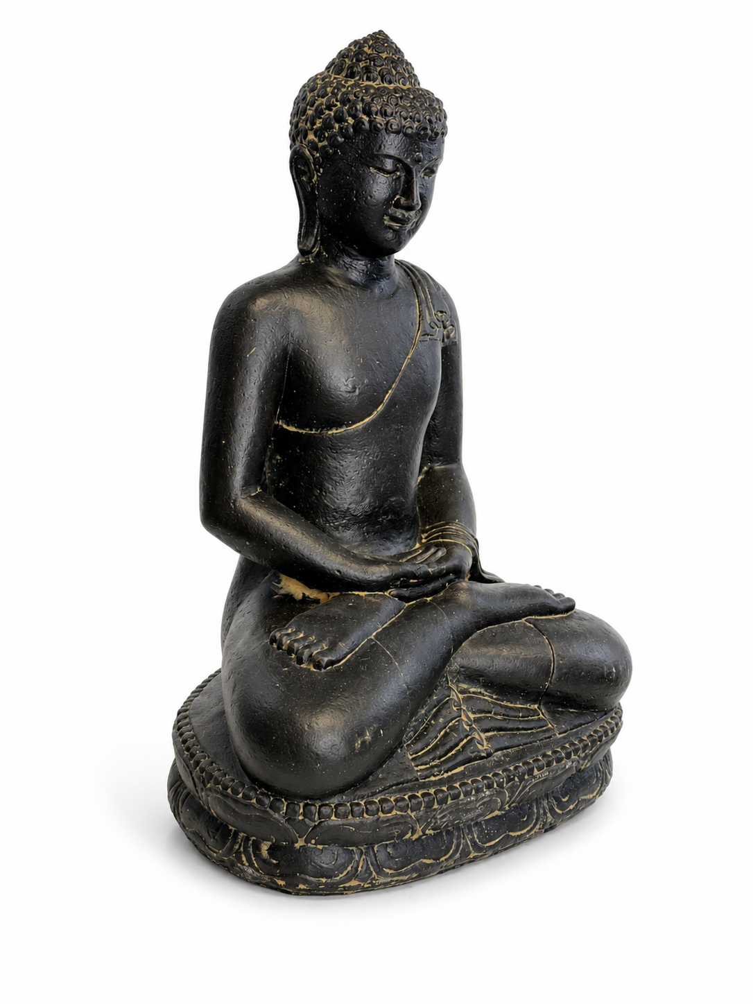 Stone Buddha Sculpture - Sitting Buddha Figurine - Black and Gold - Handmade, Decorative and Expressive - 45x30x20 cm