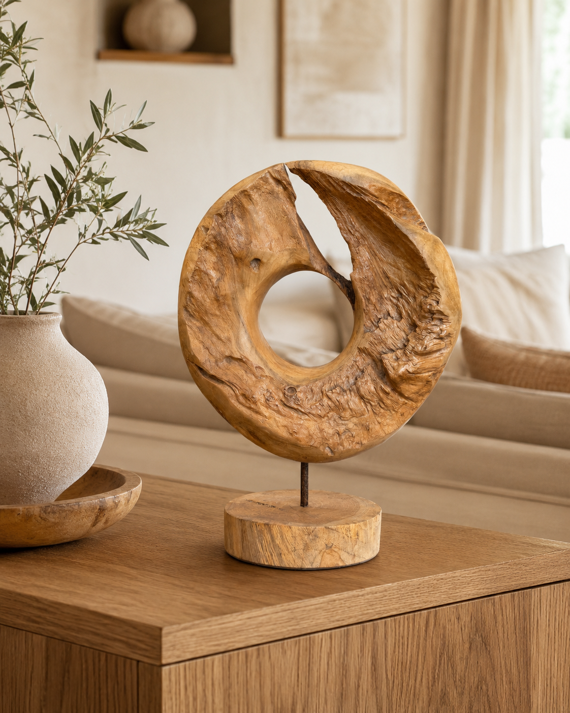 Unique piece: Teak wood decorative ring on a stand – Solid natural wood one-of-a-kind item for living room & office