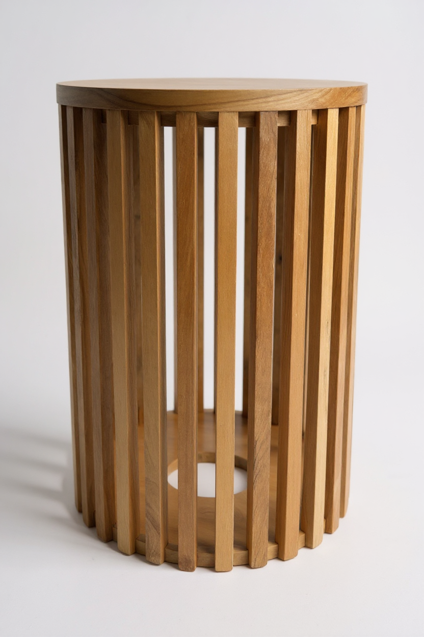 Teakholz-Beistelltisch - Holzhocker Couchtisch - Handgefertigt aus Massivholz – Holzleisten Rund - 50x30x30 cm