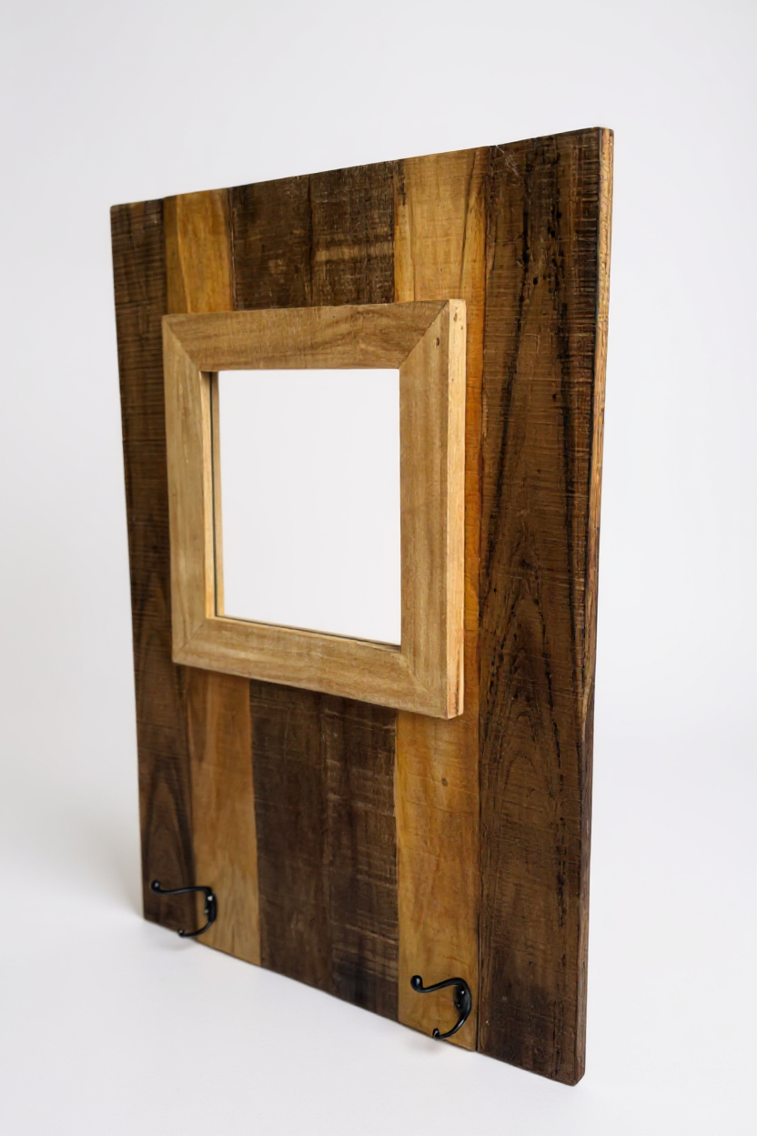 Wall-mounted coat rack with mirror - Integrated mirror with two hooks - Modern made of mahogany and teak - 70x50 cm