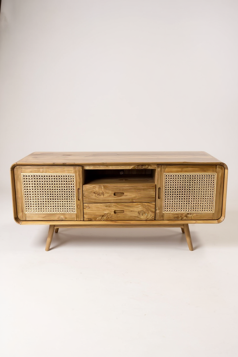 Rattan TV-Bank – Fernsehkommode Lowboard – Mit zwei Schubladen und drei Abstellflächen – Massiv Teakholz – 60x150x45 cm