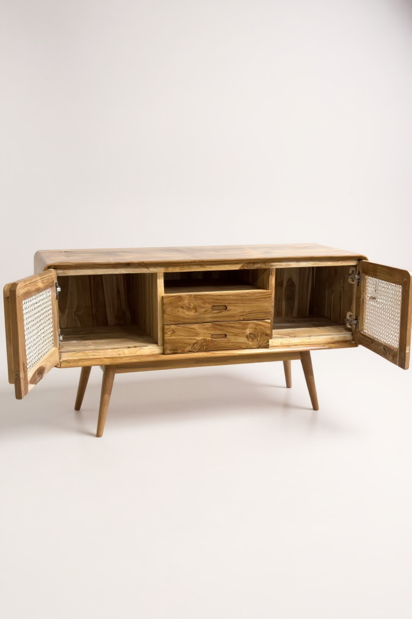 Rattan TV-Bank – Fernsehkommode Lowboard – Mit zwei Schubladen und drei Abstellflächen – Massiv Teakholz – 60x150x45 cm