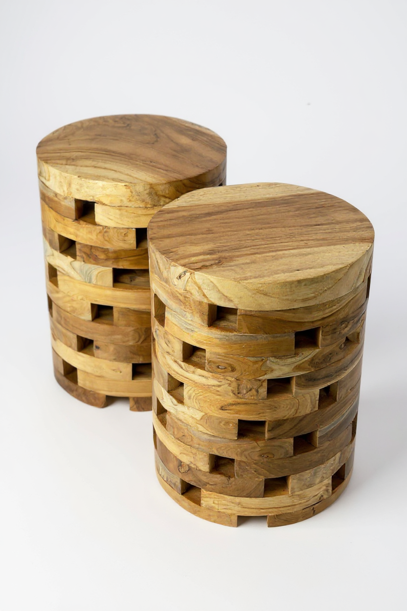 Teak Side Table – Handmade in Laminated Block Design – Natural Teak Wooden Table – Living Room & Bedroom – 35x35x50 cm