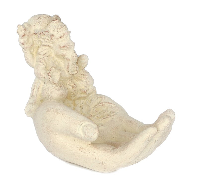 Ganesha Hand Skulptur - Deko Raumdeko Seifenschale Räucherstäbchen - Hindu Gottheit des Glückes - Elefant Weiß - 13x9x15 cm - FaHome