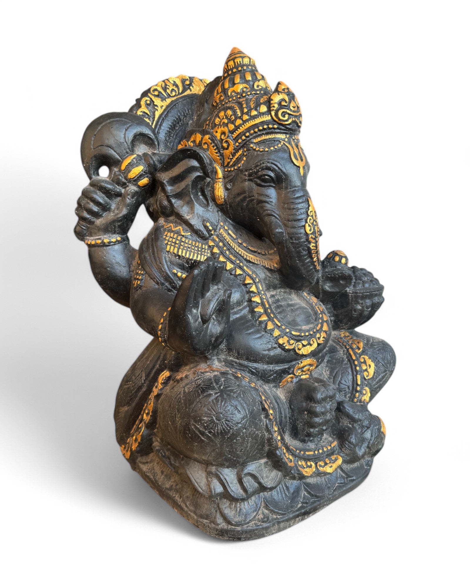 Ganesha Skulptur - Deko Garten Statue - Hindu Gottheit des Glückes - Betonguss Elefant Schwarz Gold - 80x50x41 cm - FaHome