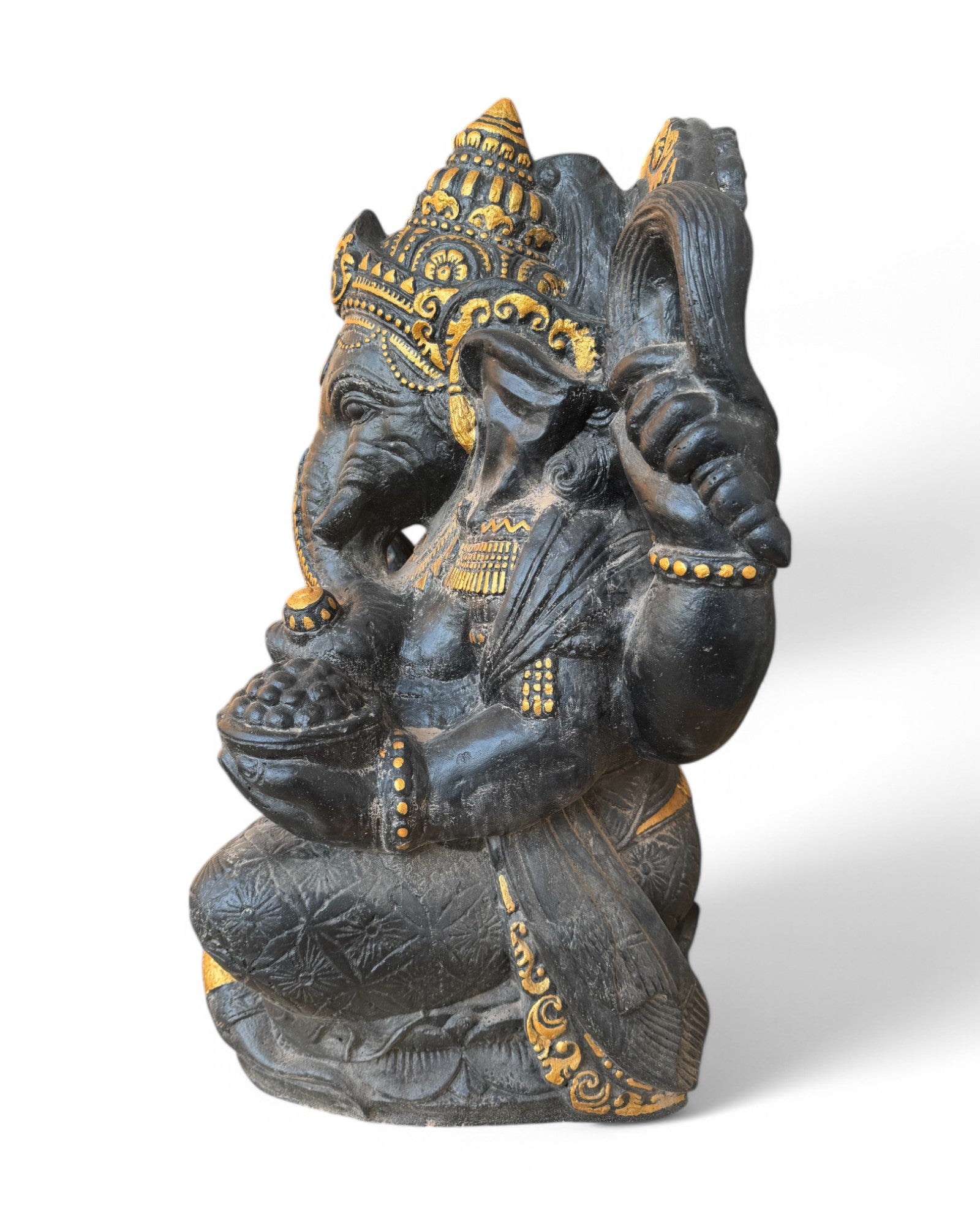 Ganesha Skulptur - Deko Garten Statue - Hindu Gottheit des Glückes - Betonguss Elefant Schwarz Gold - 80x50x41 cm - FaHome