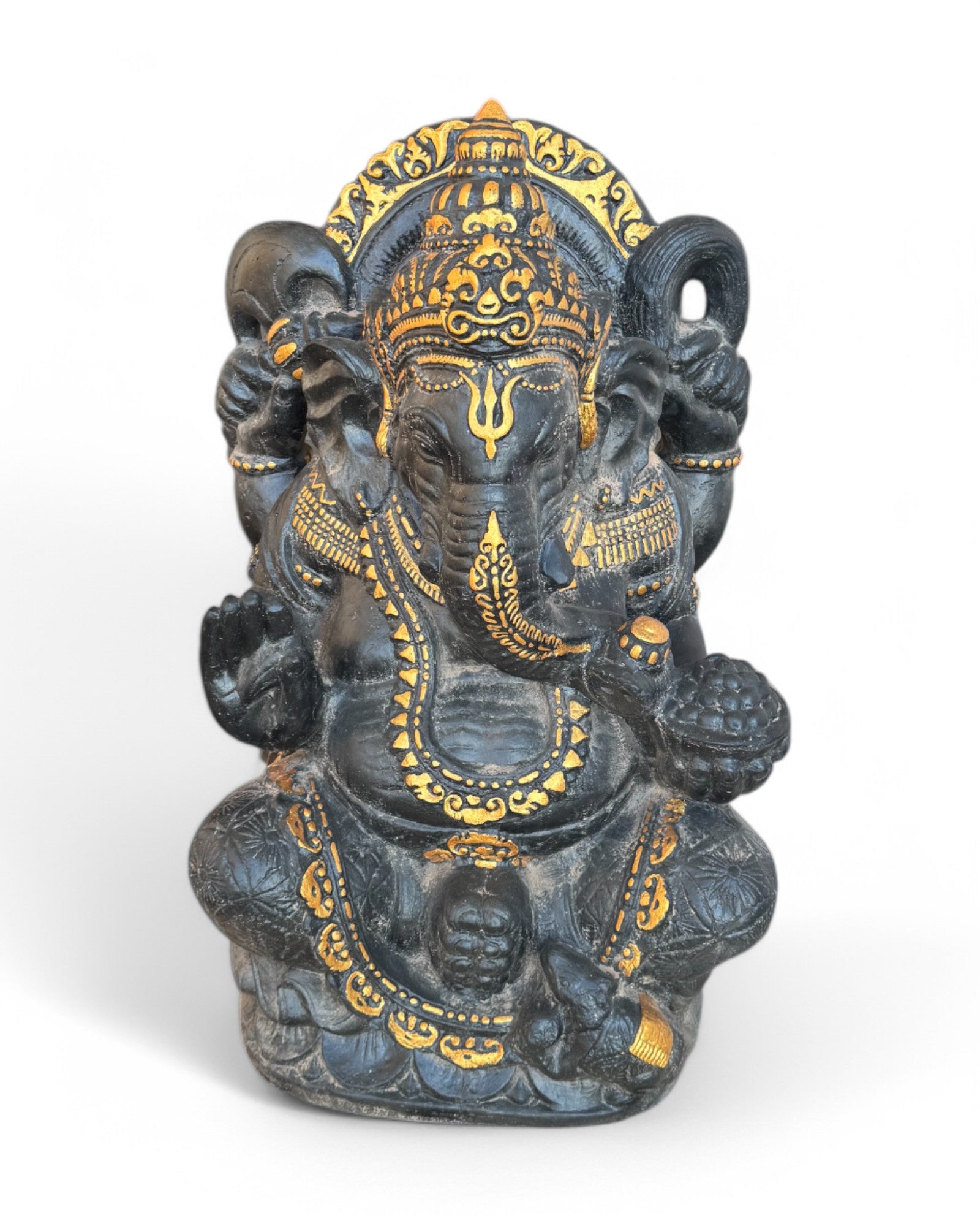 Ganesha Skulptur - Deko Garten Statue - Hindu Gottheit des Glückes - Betonguss Elefant Schwarz Gold - 80x50x41 cm - FaHome