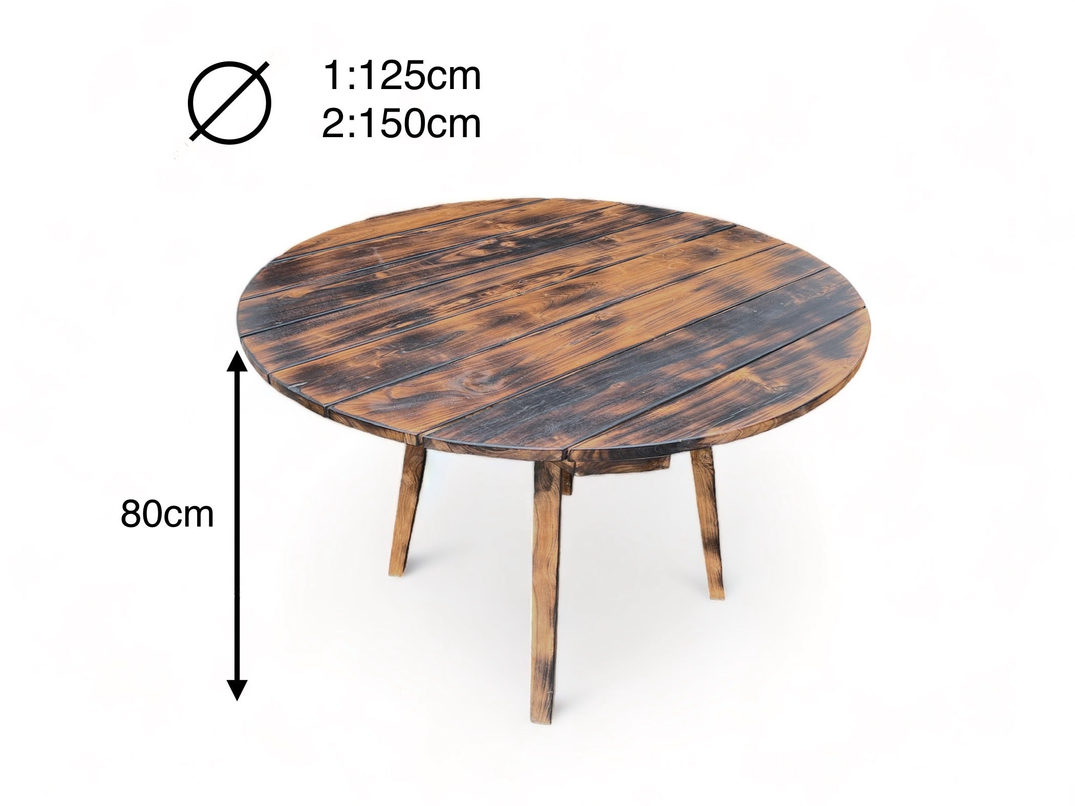 Table de jardin en teck fabriquée à la main - Pièce unique au charme naturel pour l'intérieur et l'extérieur - Flammée - 120 et 150 cm de diamètre - 80 cm de hauteur