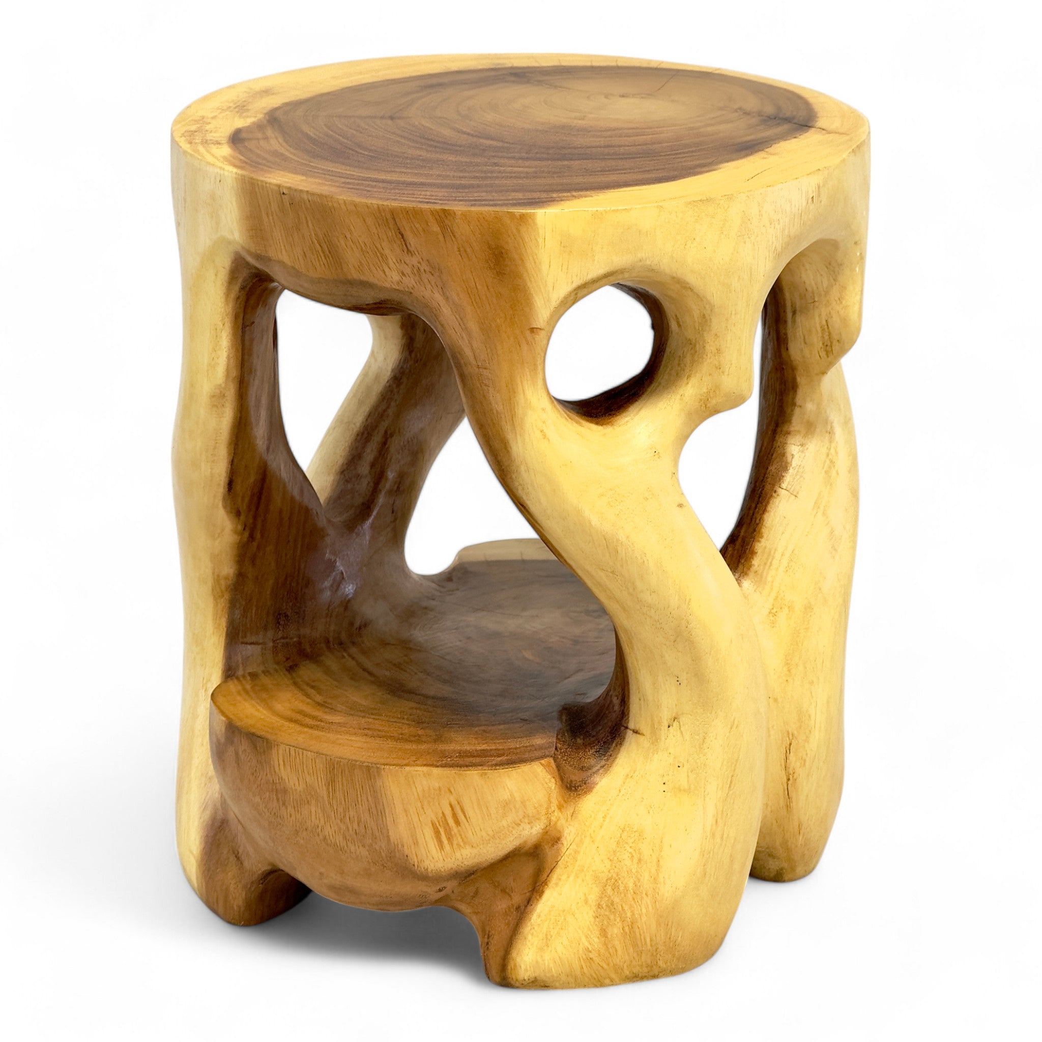 Holz Beistelltisch - Hocker, Nachttisch, Pflanzenhocker, Ablagetisch - Rundes Naturdesign mit organischer Form – Massiv aus Teakholz – 40x34x34 cm - FaHome