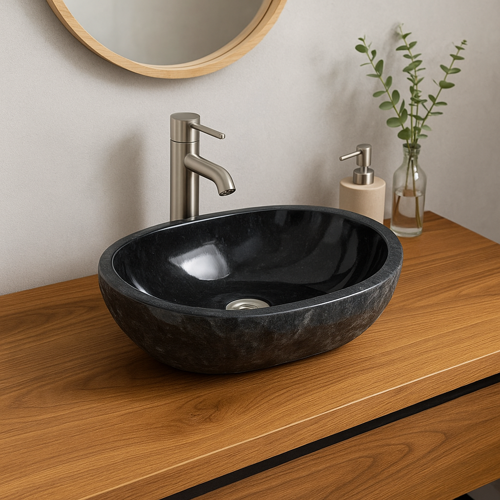 Marble washbasin – bathroom guest toilet washroom – countertop washbasin oval made of black marble – 15x45x30 cm