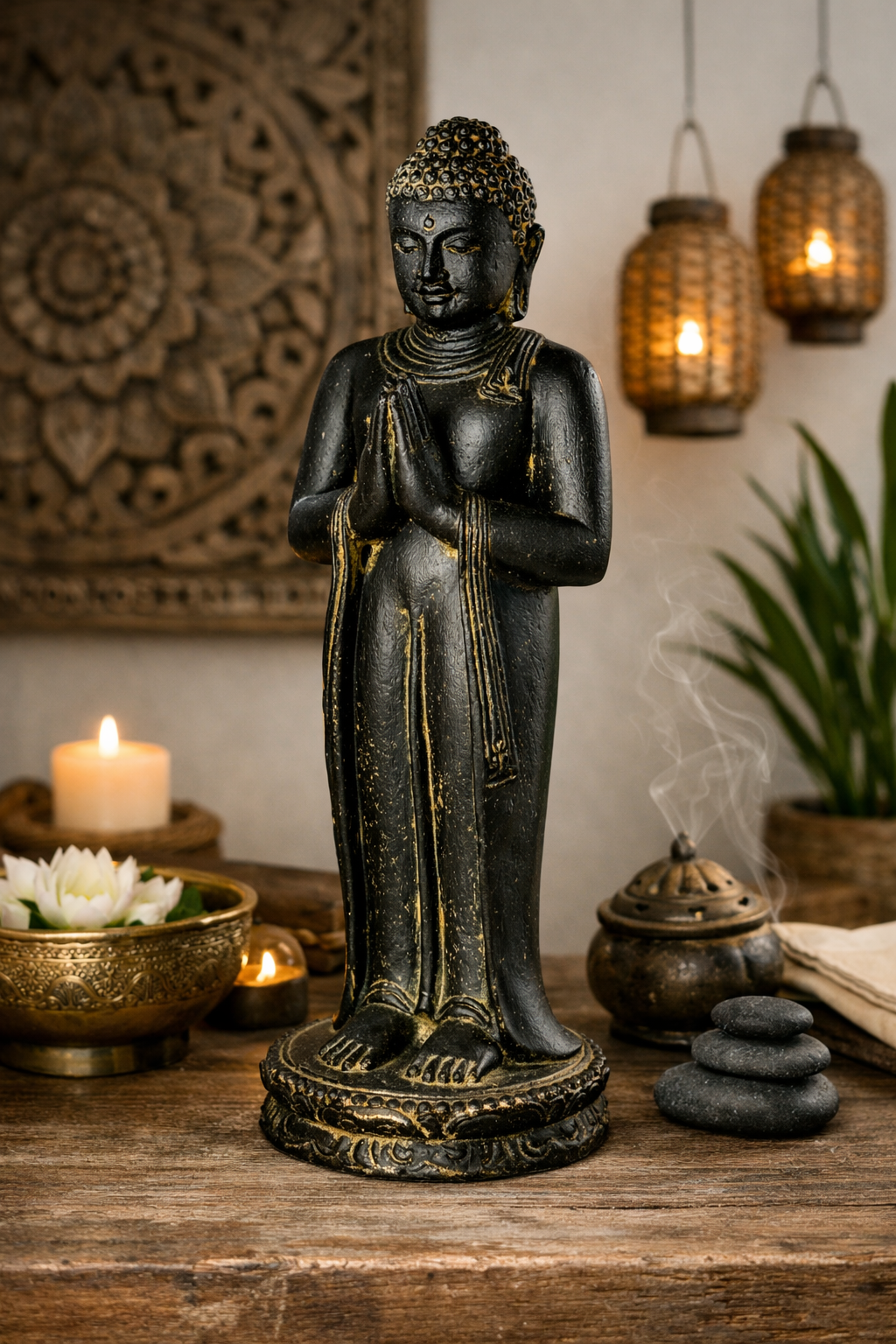 Buddha Figur stehend betend – Garten Terrasse Eingangsbereich Deko – Wetterfest – Stein Statue Namaste schwarz gold – 50x18x16 cm