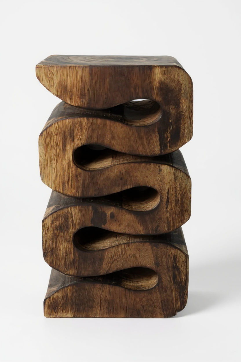 Holzhocker - Beistelltisch Blumenhocker Ablagetisch - Handgefertigt - Flambiert Schlange aus massivem Suarholz- 50x30x30 cm