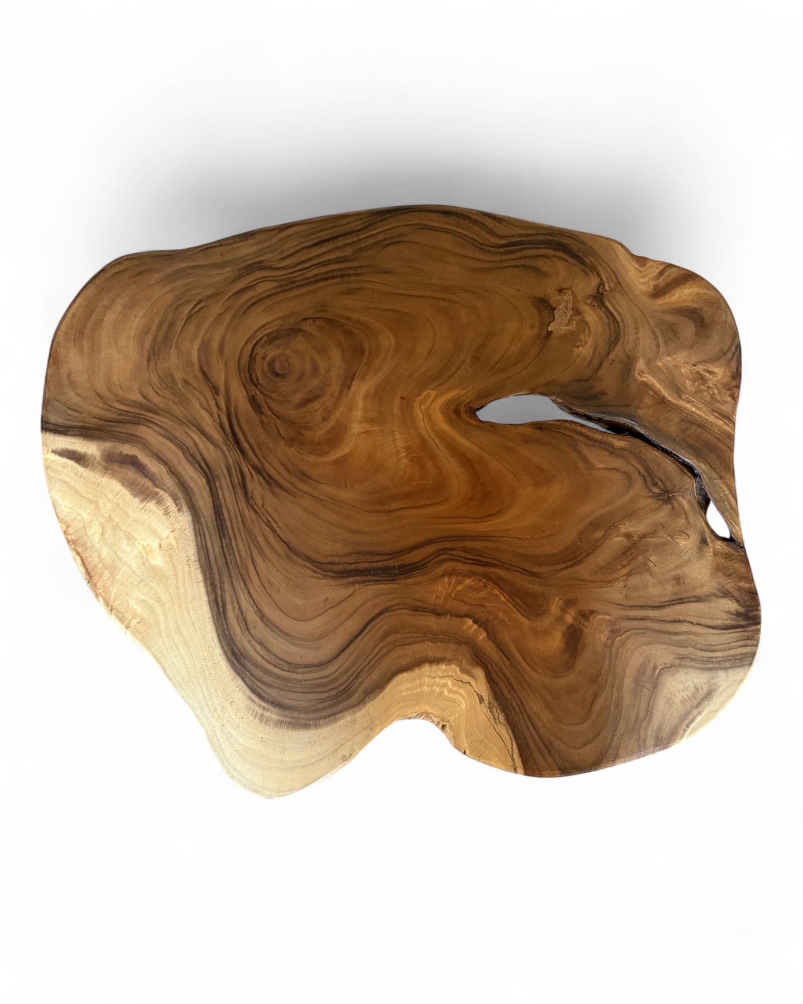 Holz Couchtisch – Beistelltisch Ablagetisch – Handgefertigt – Baumquerschnitt-Tischplatte aus Teakholz – 80–100 cm Durchmesser