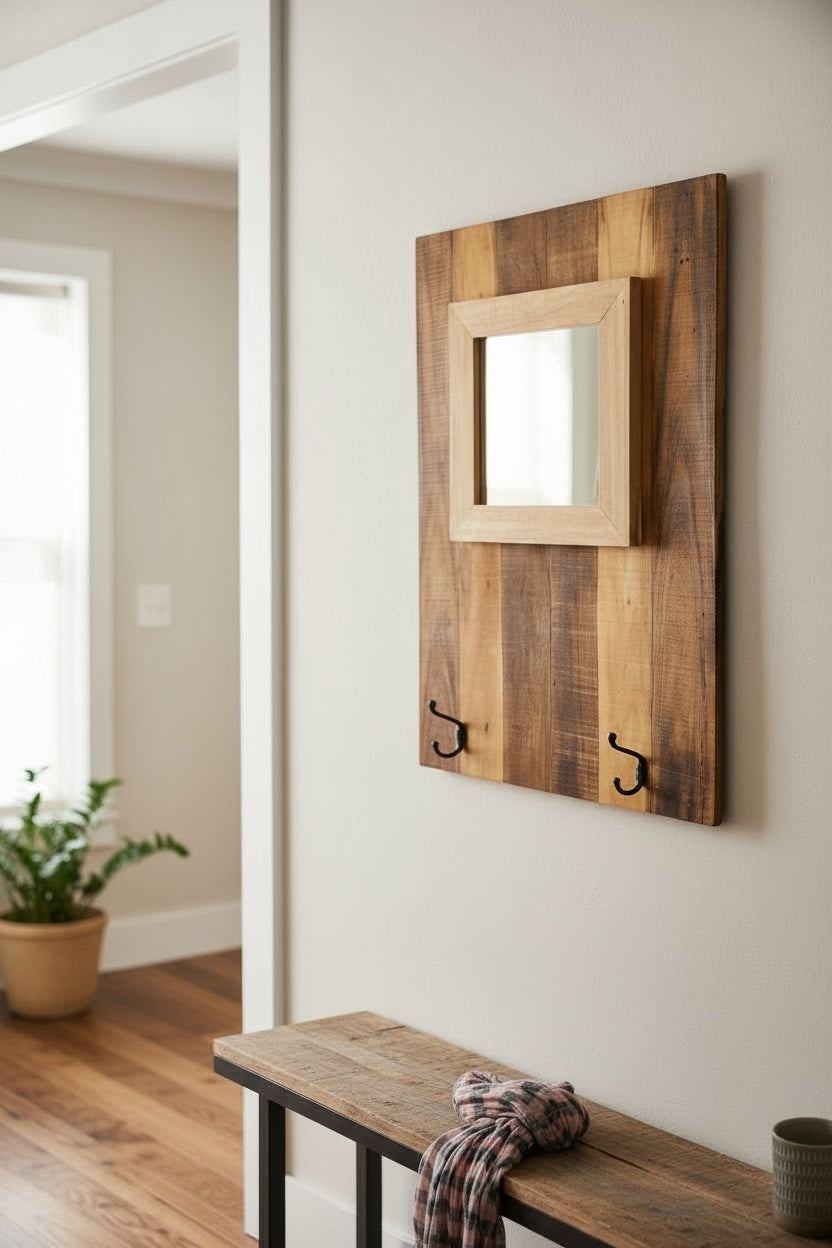 Wall-mounted coat rack with mirror - Integrated mirror with two hooks - Modern made of mahogany and teak - 70x50 cm
