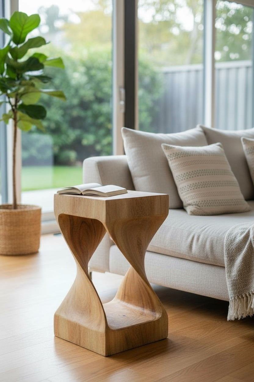 Wooden stool - side table, flower stool, storage table - unique, handmade - turned from solid Saman wood - 50x28x28 cm