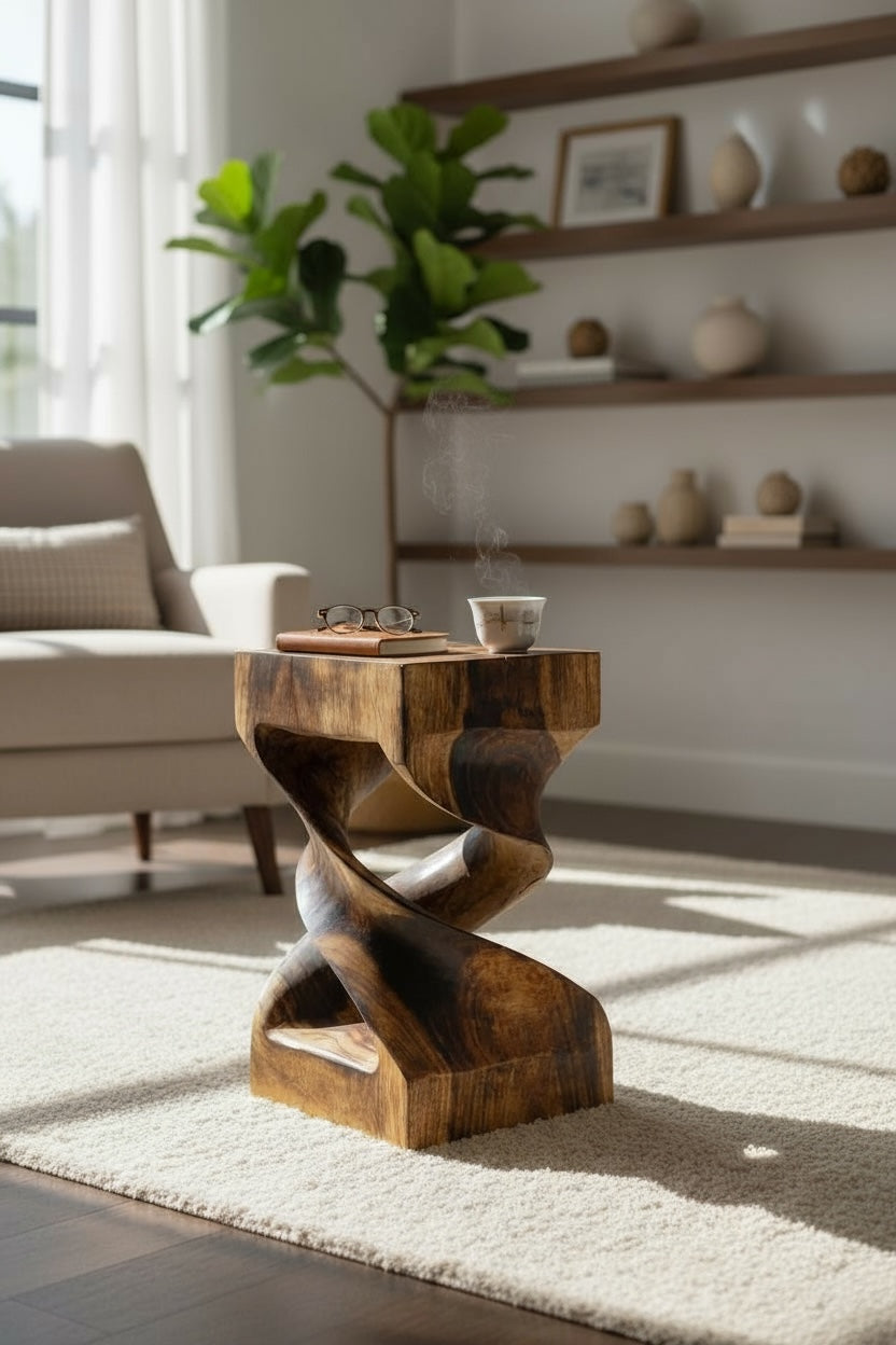 Holz Beistelltisch - Holzhocker Couchtisch - Flambierter Handgefertigt - Gedreht aus massivem Suarholz - 50x28x28 cm