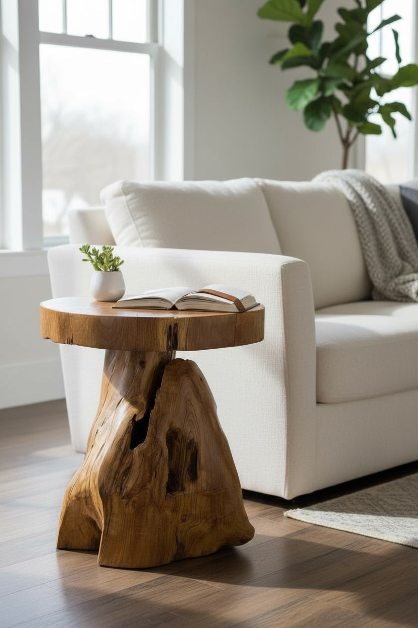 Holzhocker – Beistelltisch Blumenhocker Ablagetisch – Handgefertigt – Natürliche Form aus massivem Teakholz – 45x40x40 cm