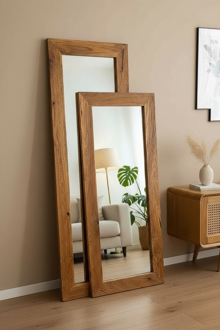 Teakholz Spiegel - Anlehnen Dekorieren Staunen – Massiver Eckiger Standspiegel – 120&150x50 cm