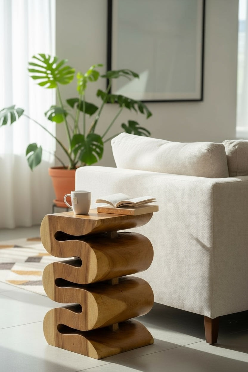 Wooden stool - side table, flower stool, storage table - handmade - natural snake made of solid suar wood - 50x30x30 cm