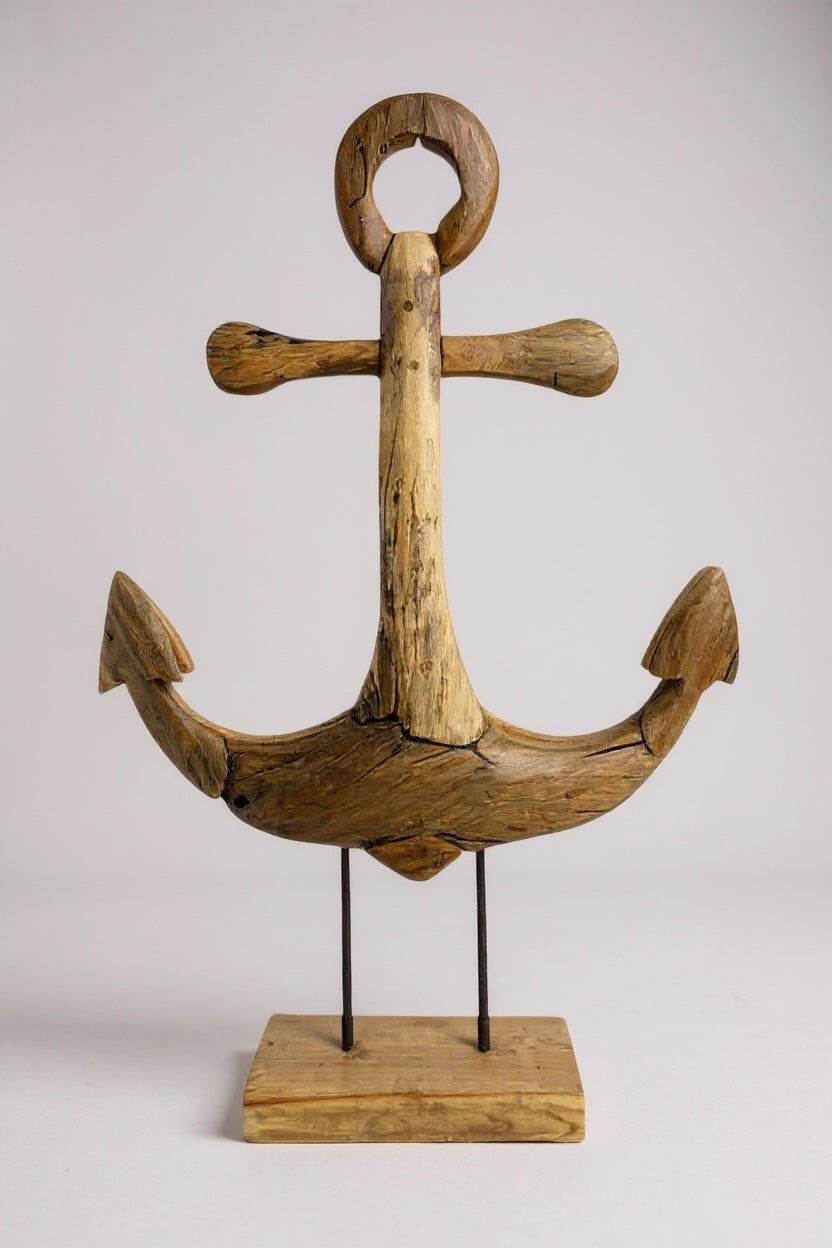 Teakholz-Anker - Dekorative Skulptur - Hochwertige Handgefertigte Handwerkskunst - Auf Sockel stehend - 50, 75 und 100 cm hoch