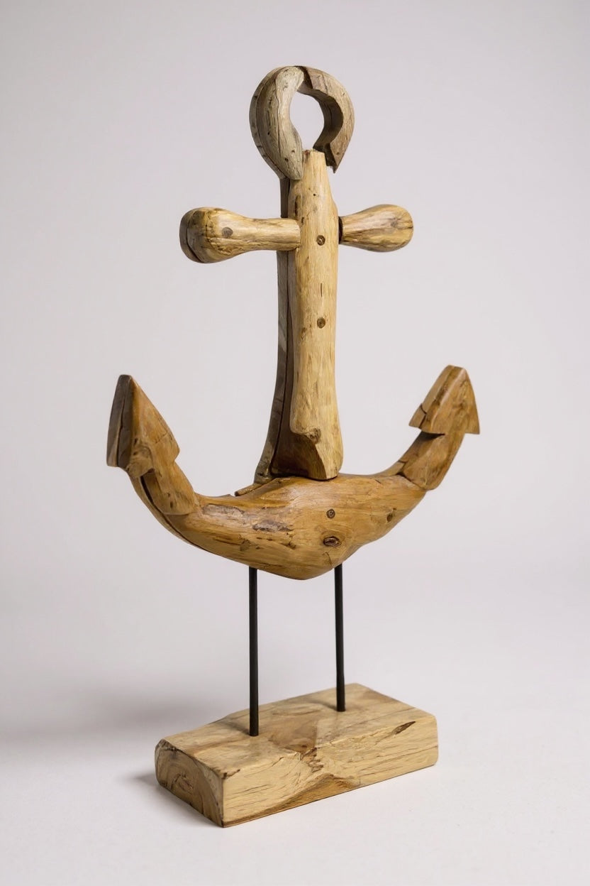 Teakholz-Anker - Dekorative Skulptur - Hochwertige Handgefertigte Handwerkskunst - Auf Sockel stehend - 50, 75 und 100 cm hoch