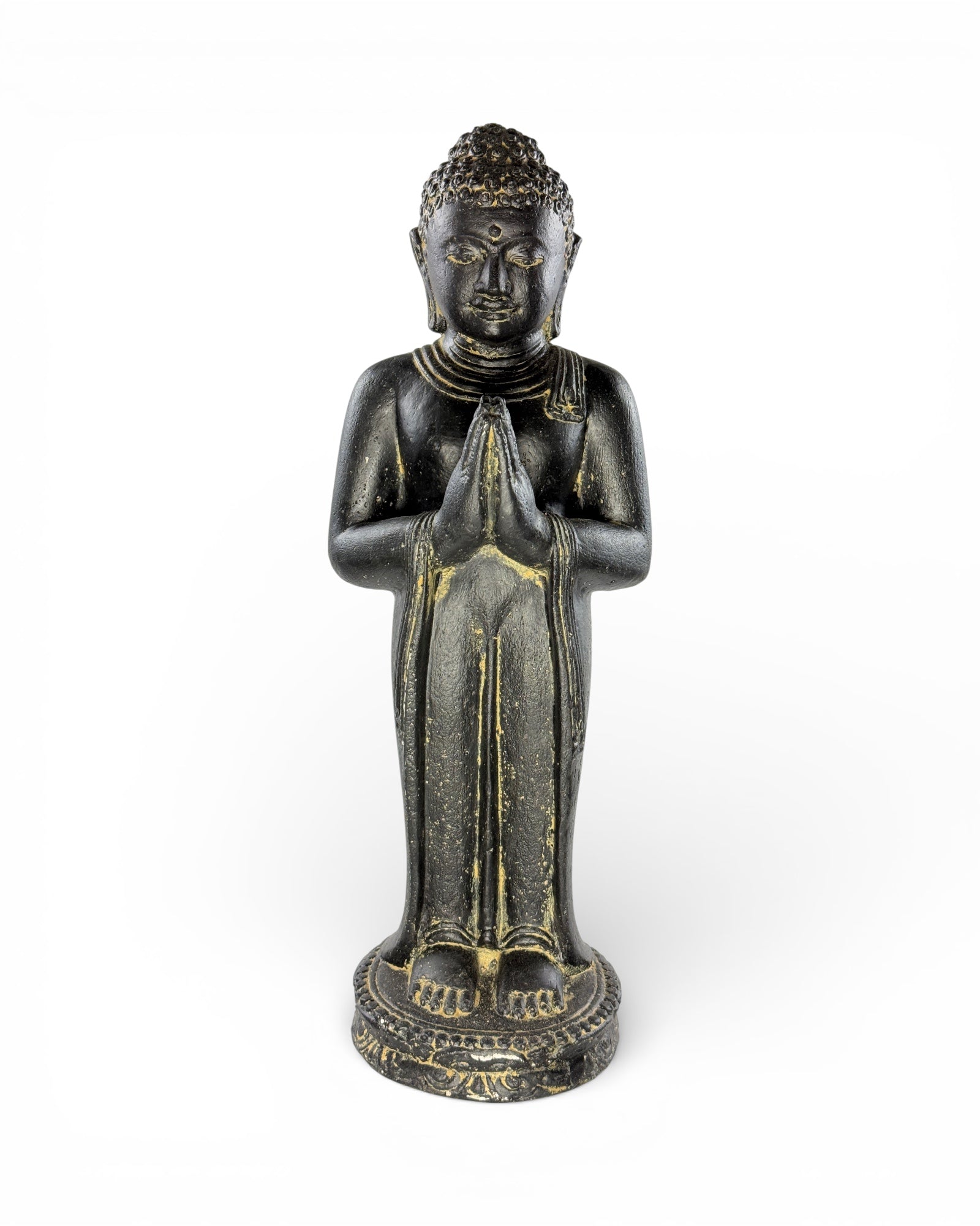Buddha Figur stehend betend – Garten Terrasse Eingangsbereich Deko – Wetterfest – Stein Statue Namaste schwarz gold – 50x18x16 cm