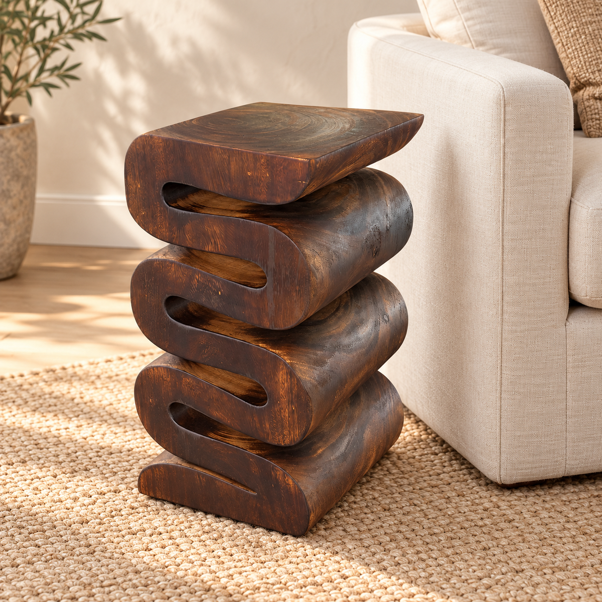 Holzhocker - Beistelltisch Blumenhocker Ablagetisch - Handgefertigt - Flambiert Schlange aus massivem Suarholz- 50x30x30 cm