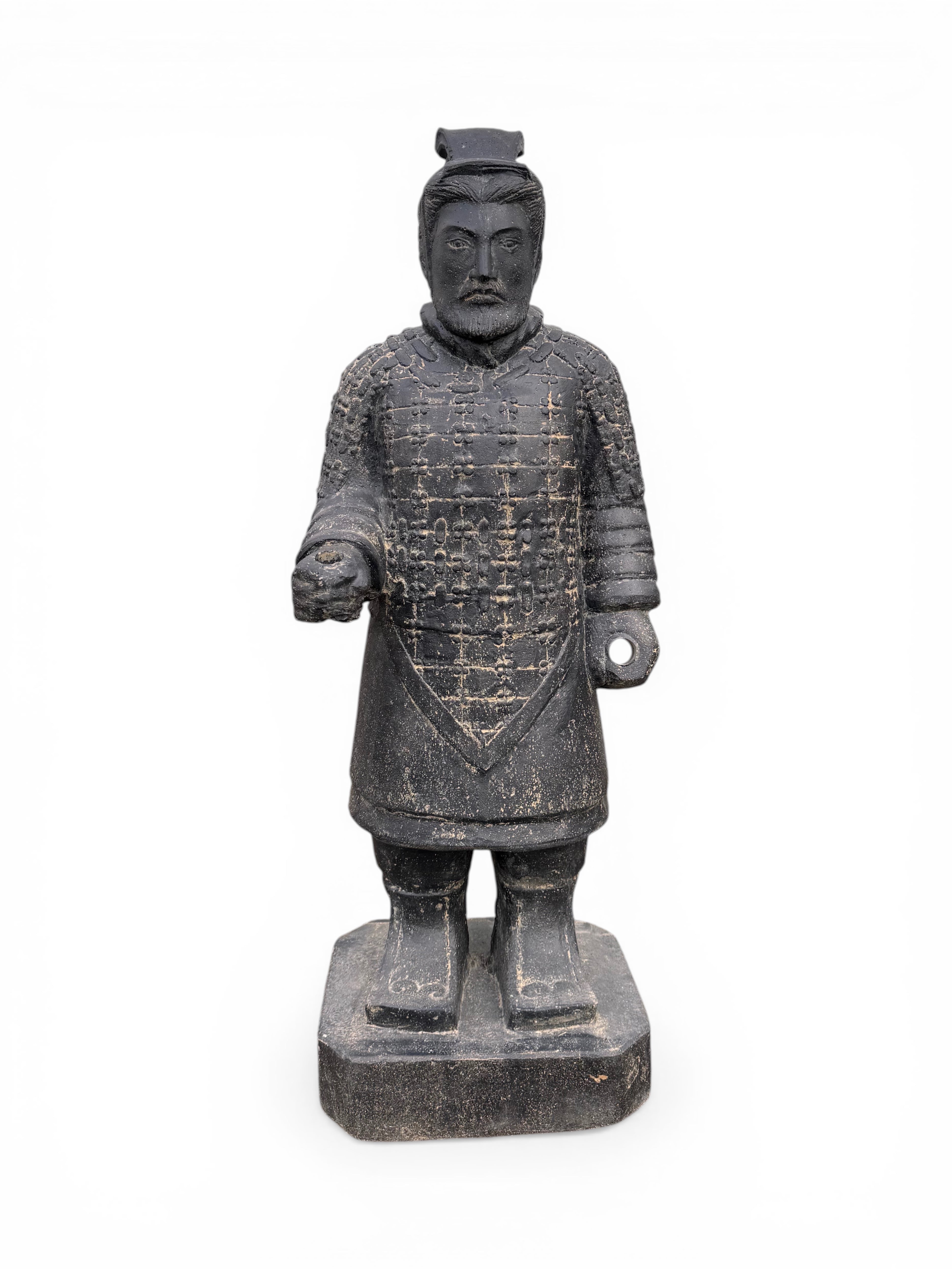 FaHome black stone cast Terracotta Warrior statue, 100cm tall, detailed Asian garden figure, weather-resistant.