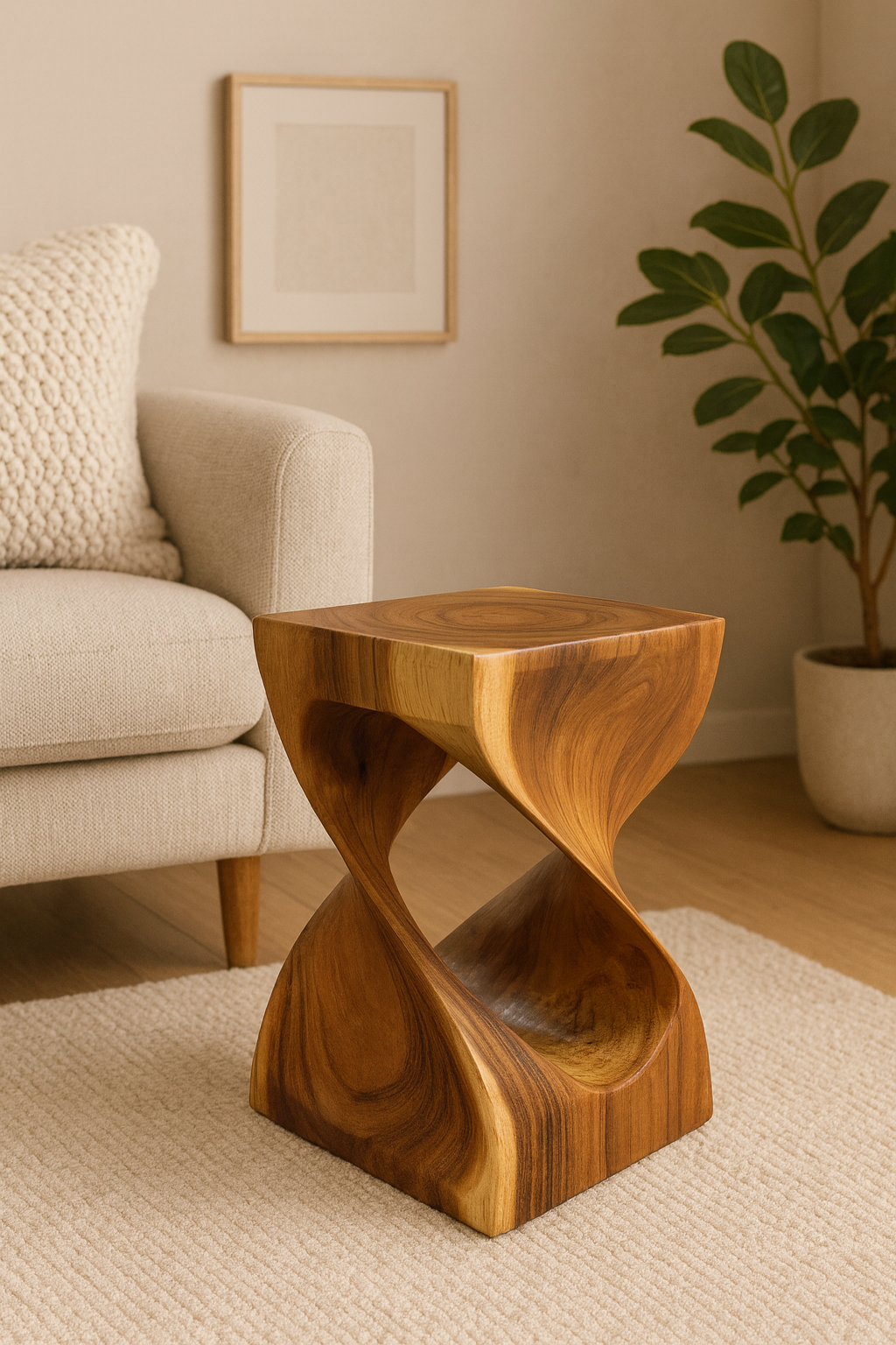 Wooden stool - side table, plant stand, storage table - unique, handmade piece - turned from solid saman wood - 45x30x30 cm