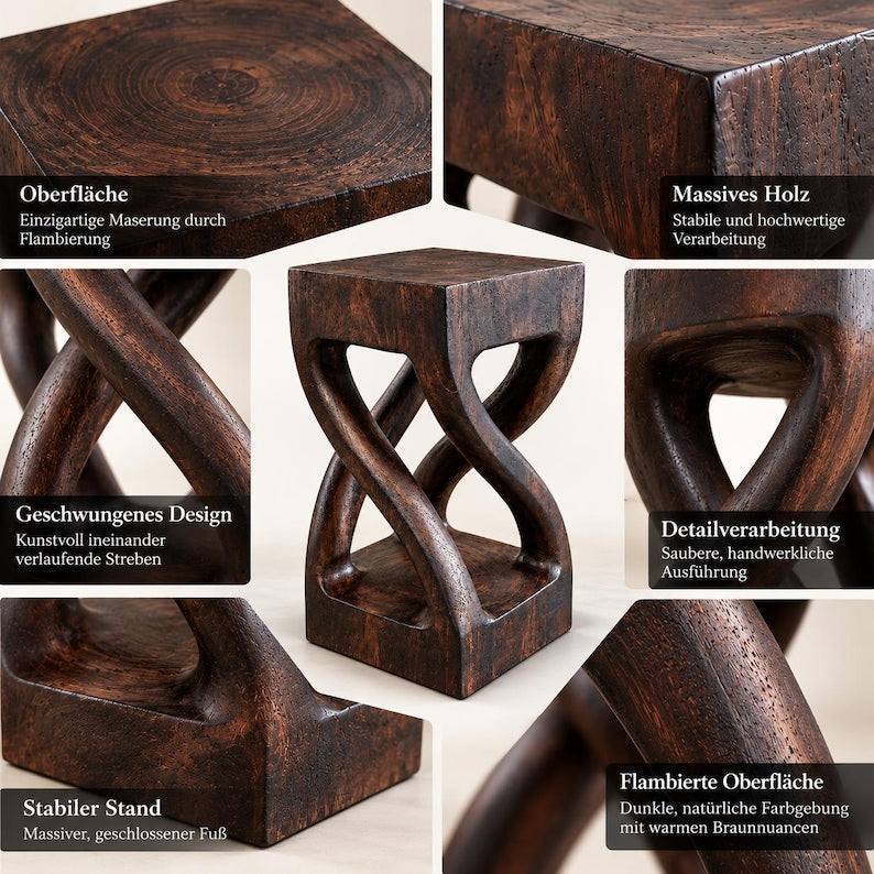 Detailübersicht der Holzoberfläche und des geschwungenen Designs.