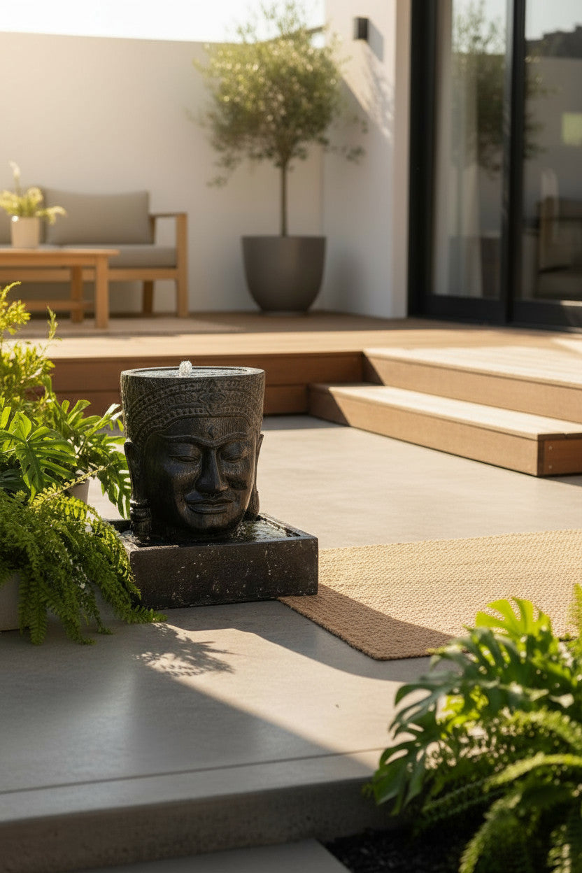 Fontaine Tête Khmère - Cascade décorative de jardin - Résistante aux intempéries - Fontaine Bouddha en pierre moulée - 57 x 48,5 x 28 cm