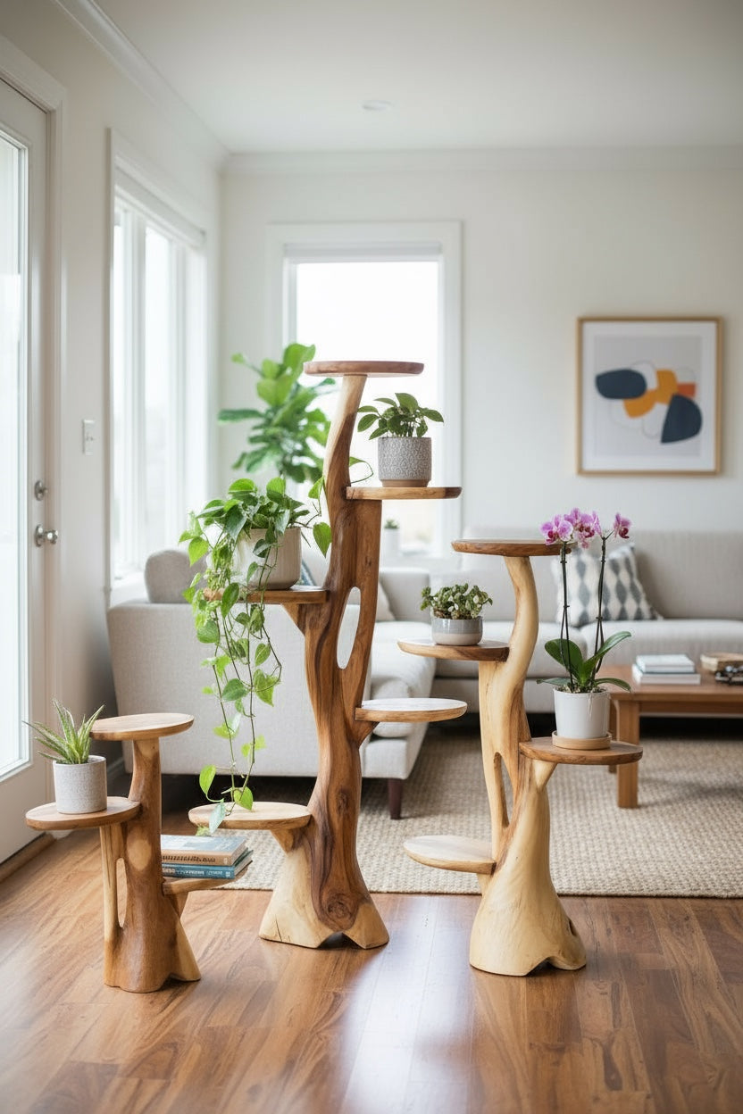 Teakholz-Regal – Natürliches Design mit einzigartiger Holzmaserung – Vielseitiges Wohnaccessoire für Pflanzen, Bücher & Deko – Verschiedene Größen