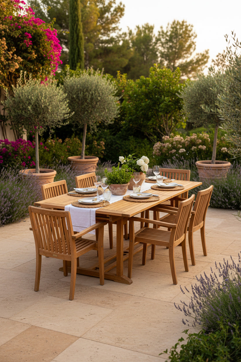 Ausziehbarer eckiger Teakholz-Gartentisch – Einzigartiges Unikat mit natürlicher Eleganz für Garten, Terrasse und Wintergarten – Teakholz – 180 cm bis 240 cm x 100 cm x 75 cm