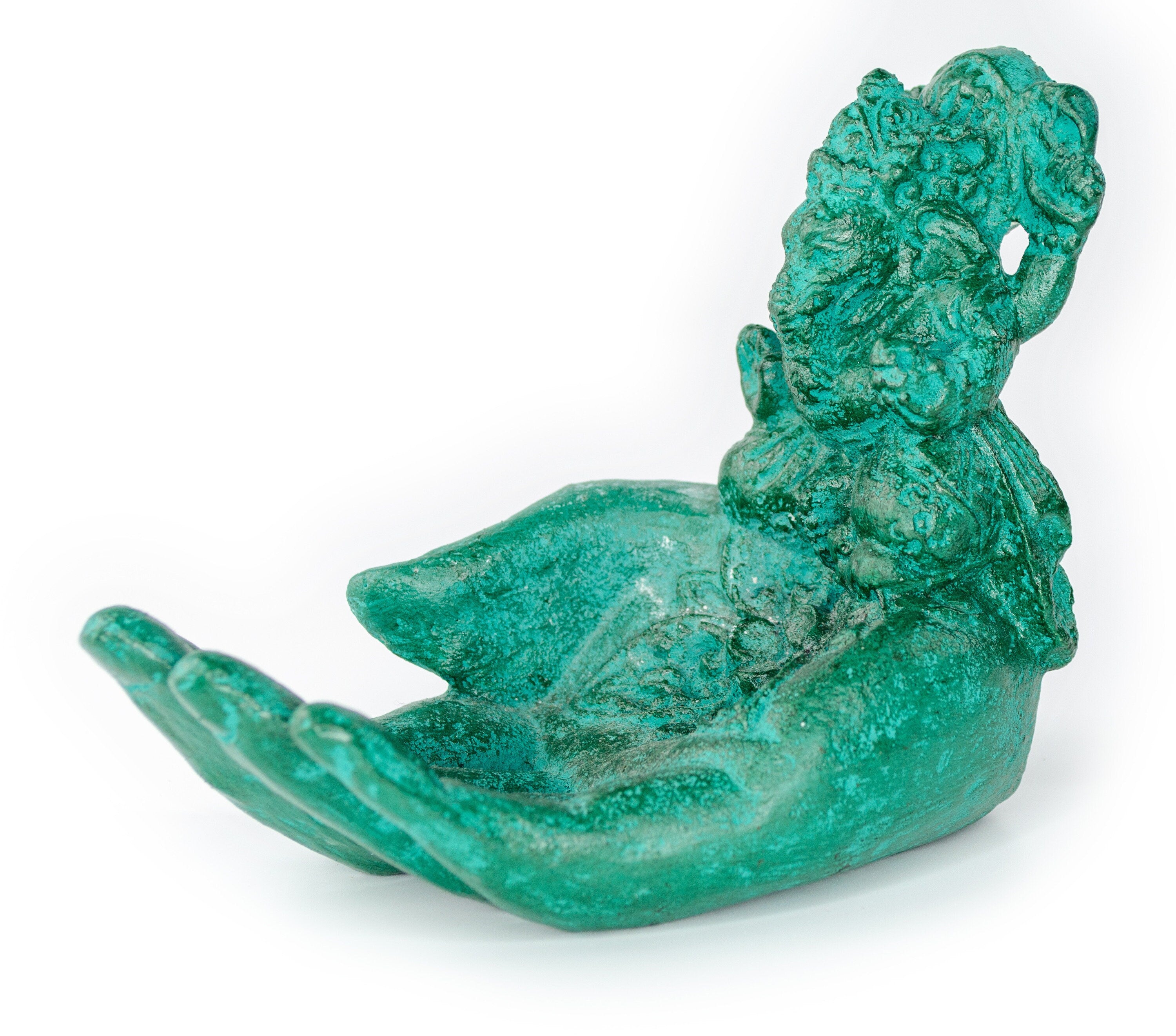 Sculpture de main de Ganesh - Décoration de pièce décorative Porte-savon Bâtons d'encens - Divinité hindoue de la bonne chance - Éléphant vert - 13x9x15 cm