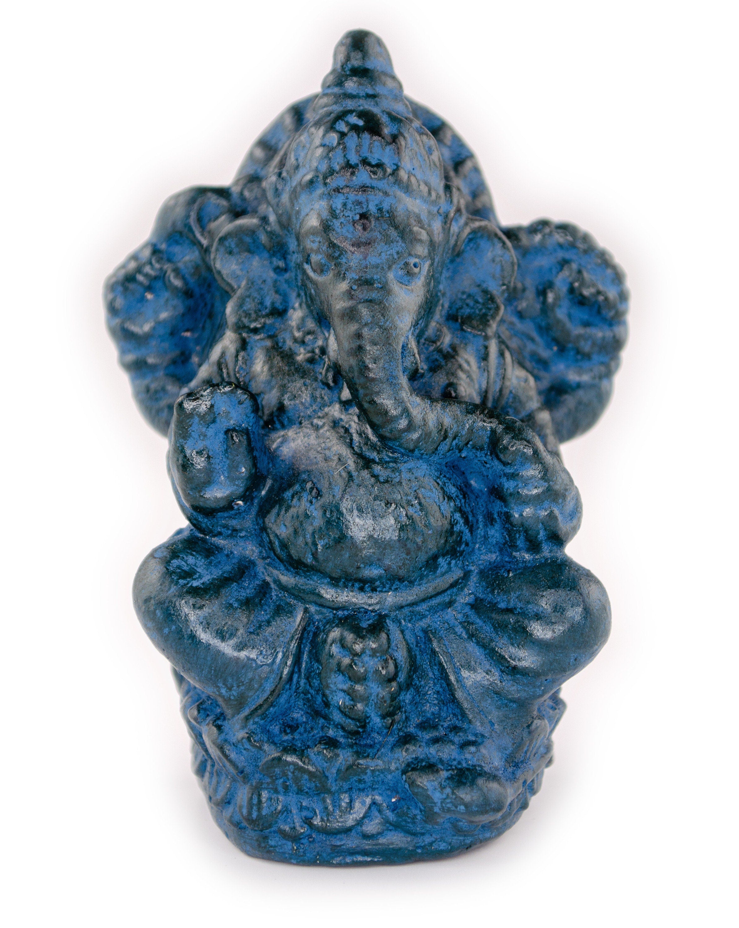 Ganesha Sculpture - Decorative Room Decoration Artwork - Hindu Deity of Good Luck - Stone Mixture Elephant Blue - 12x8.5x6 cm