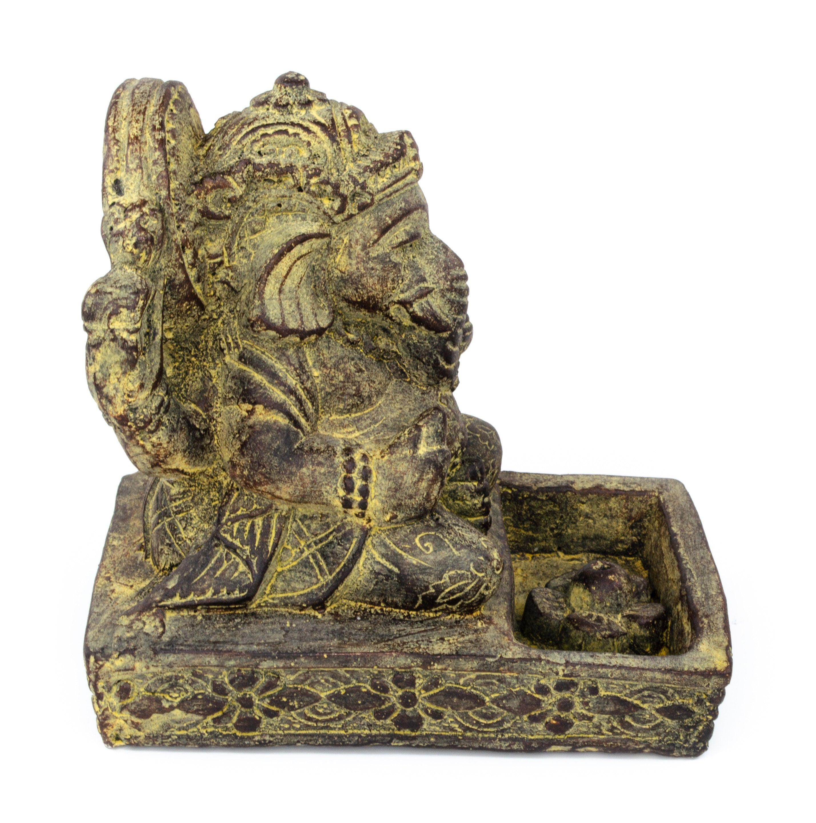 Sculpture de Ganesh - Porte-encens décoratif pour pièce - Déité hindoue porte-bonheur - Mélange de pierres Éléphant jaune - 23x13x15 cm
