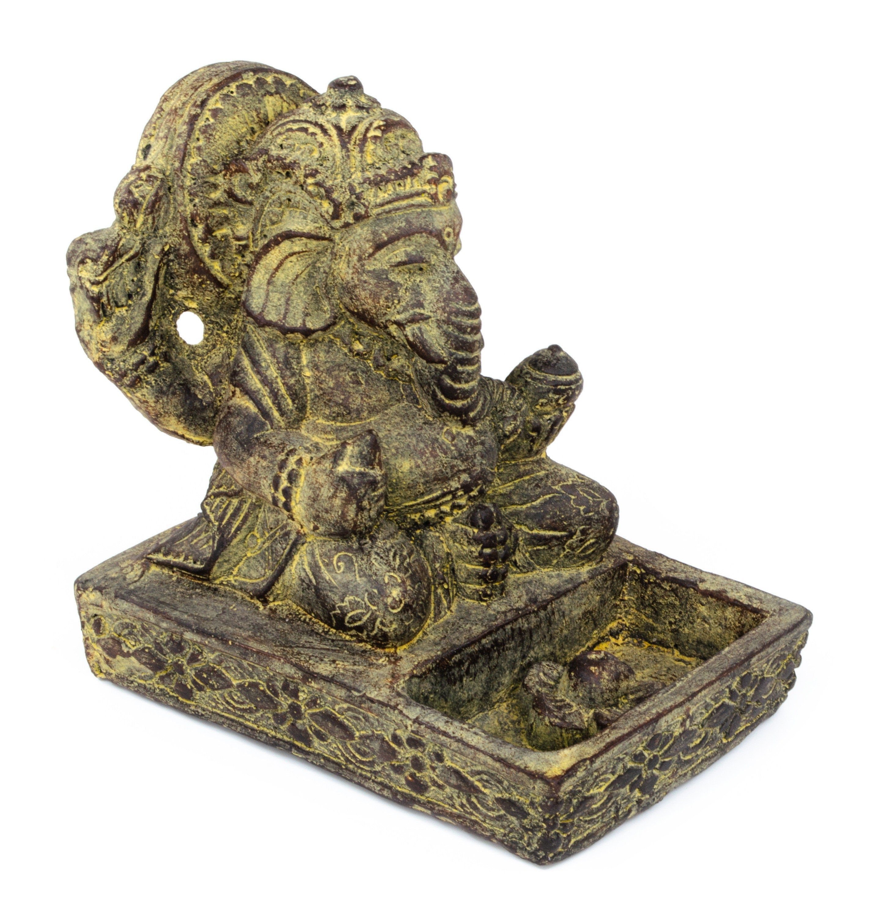 Sculpture de Ganesh - Porte-encens décoratif pour pièce - Déité hindoue porte-bonheur - Mélange de pierres Éléphant jaune - 23x13x15 cm