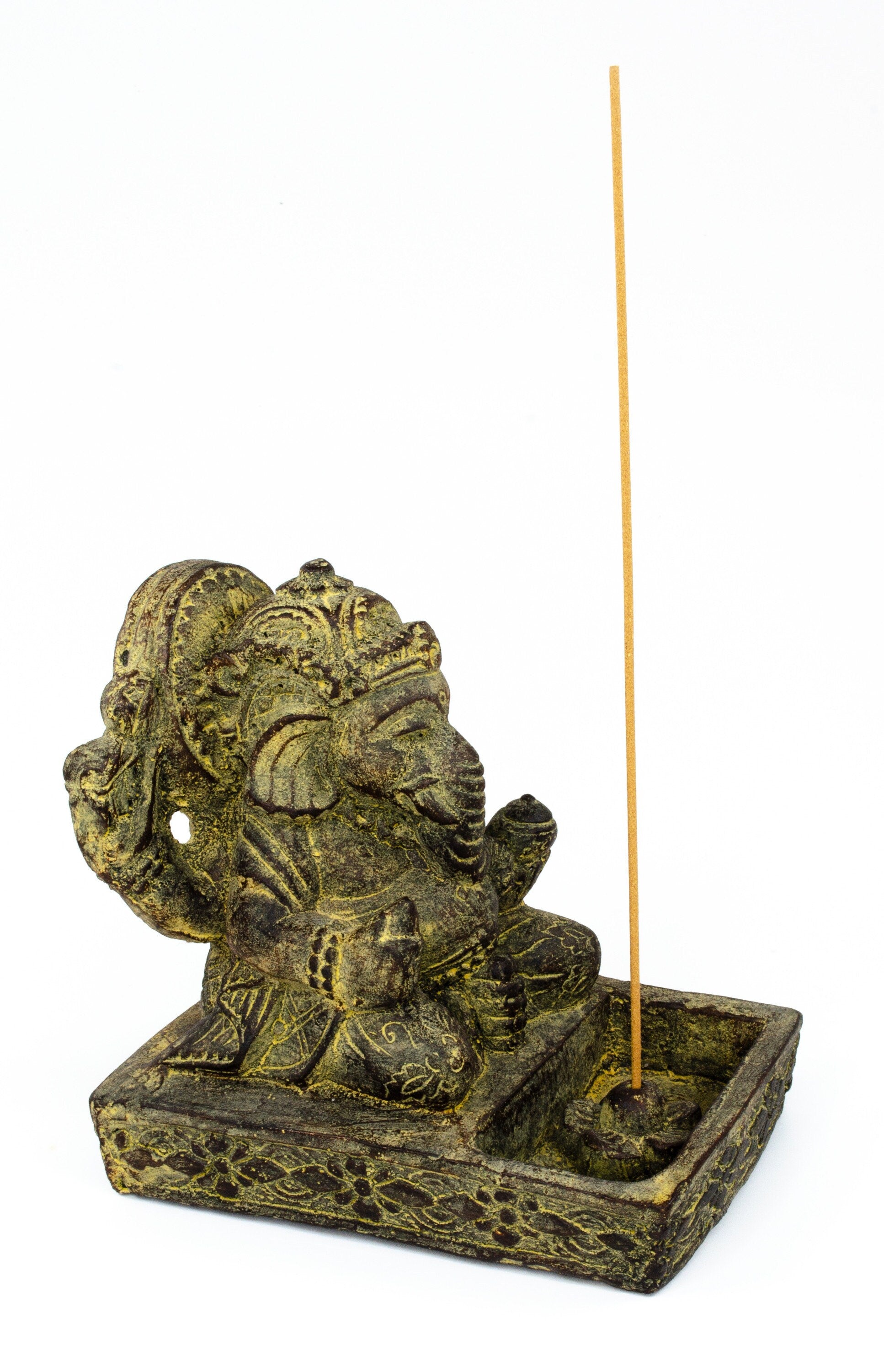 Sculpture de Ganesh - Porte-encens décoratif pour pièce - Déité hindoue porte-bonheur - Mélange de pierres Éléphant jaune - 23x13x15 cm