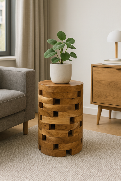 Table d'appoint en teck – Fabriquée à la main en blocs laminés – Table en bois de teck naturel – Salon et chambre – 35 x 35 x 50 cm