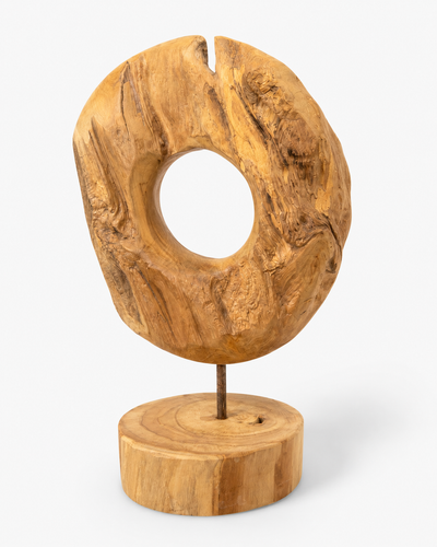 Unique piece: Teak wood decorative ring on a stand – Solid natural wood one-of-a-kind item for living room &amp; office