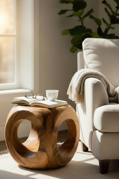 Holz Hocker – Pflanzenhocker Beistelltisch – Modern mit rundem Ausschnitt – Würfelform aus Massivholz – 40x40x40 cm