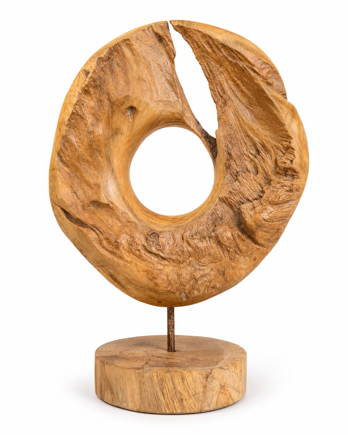 Unique piece: Teak wood decorative ring on a stand – Solid natural wood one-of-a-kind item for living room &amp; office