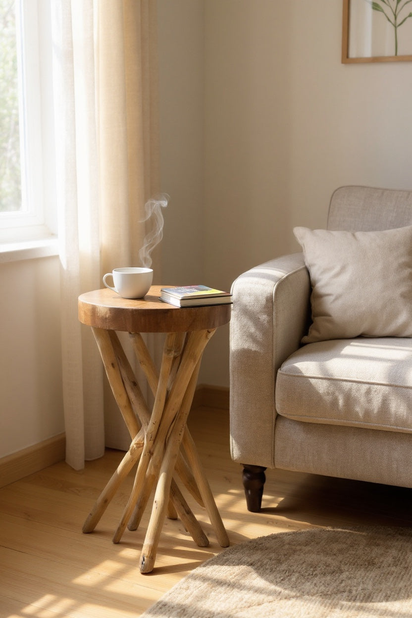 Table d'appoint en bois – table basse tabouret en bois – fait main – ramifié en bois de suar et de teck – 50x28x28 cm