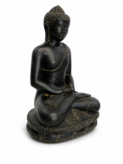 Stone Buddha Sculpture - Sitting Buddha Figurine - Black and Gold - Handmade, Decorative and Expressive - 45x30x20 cm